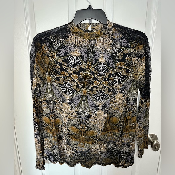 Tops - Free People Nouveau Drape Abstract Lace Sleeve Top Womens Small Brown Neutral